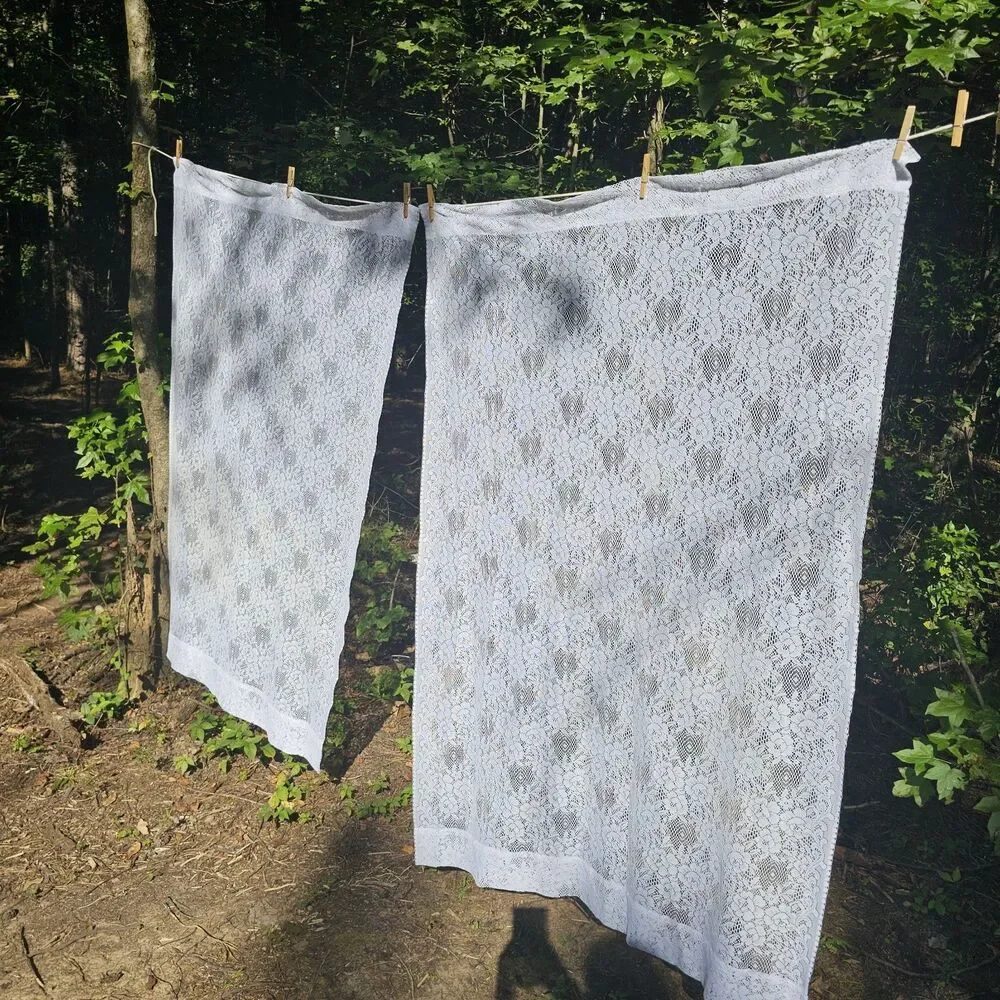 Pair Of Romantic White Floral Lace Curtain Panels - Cottagecore, Country 40x60